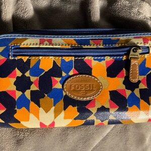 Fossil Starburst Wallet Blue Geometric Zip Around Coin Cards Money 4x8”